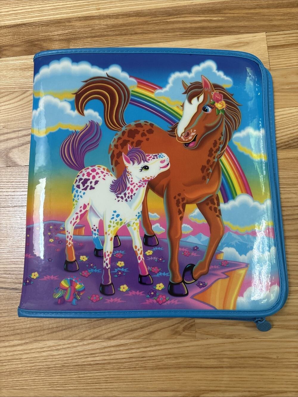 Vintage 1990s Lisa Frank Horse Rainbow Chaser Foal Zip Up 3 Ring Binder Blue